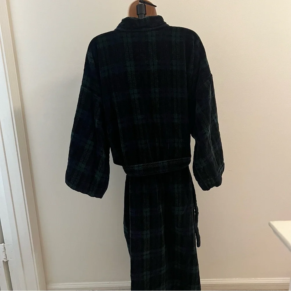 Vintage Christian Dior Pyjama Cotton Robe Plaid Green Blue One Size Terry Robe - Picture 8 of 12